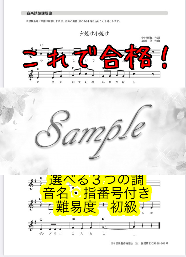 初級】「夕焼け小焼け」「いるかはザンブラコ」2024年保育士試験課題曲(音名・指番号付き)選べる3調(計6曲)セット mucome