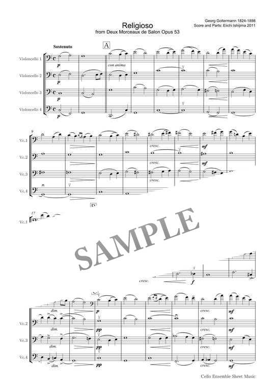 ゴルターマン作曲「レリジオーソ」（チェロ四重奏）スコア mucome