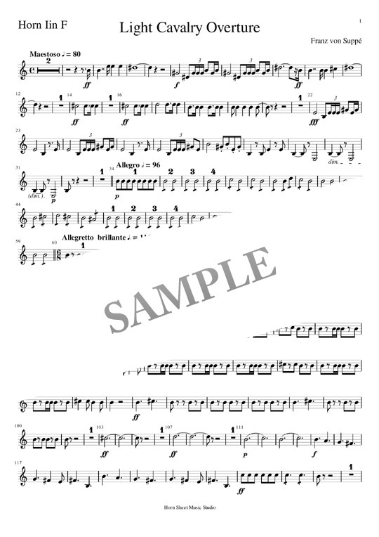 スッペ作曲 「軽騎兵 序曲」ホルンパート譜 in F １番～４番ホルン用