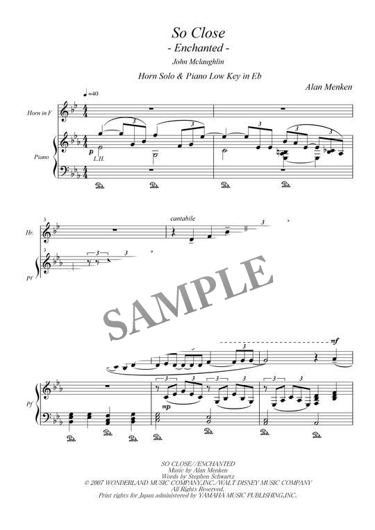 ホルンソロ楽譜 'So Close'(そばにいて)、ディズニー”Enchanted”(魔法
